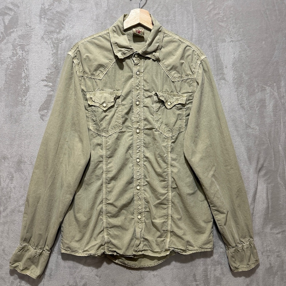 True Religion Mens XL Western Snap Shirt Tan MV3BL68TTJN Yoke Pockets